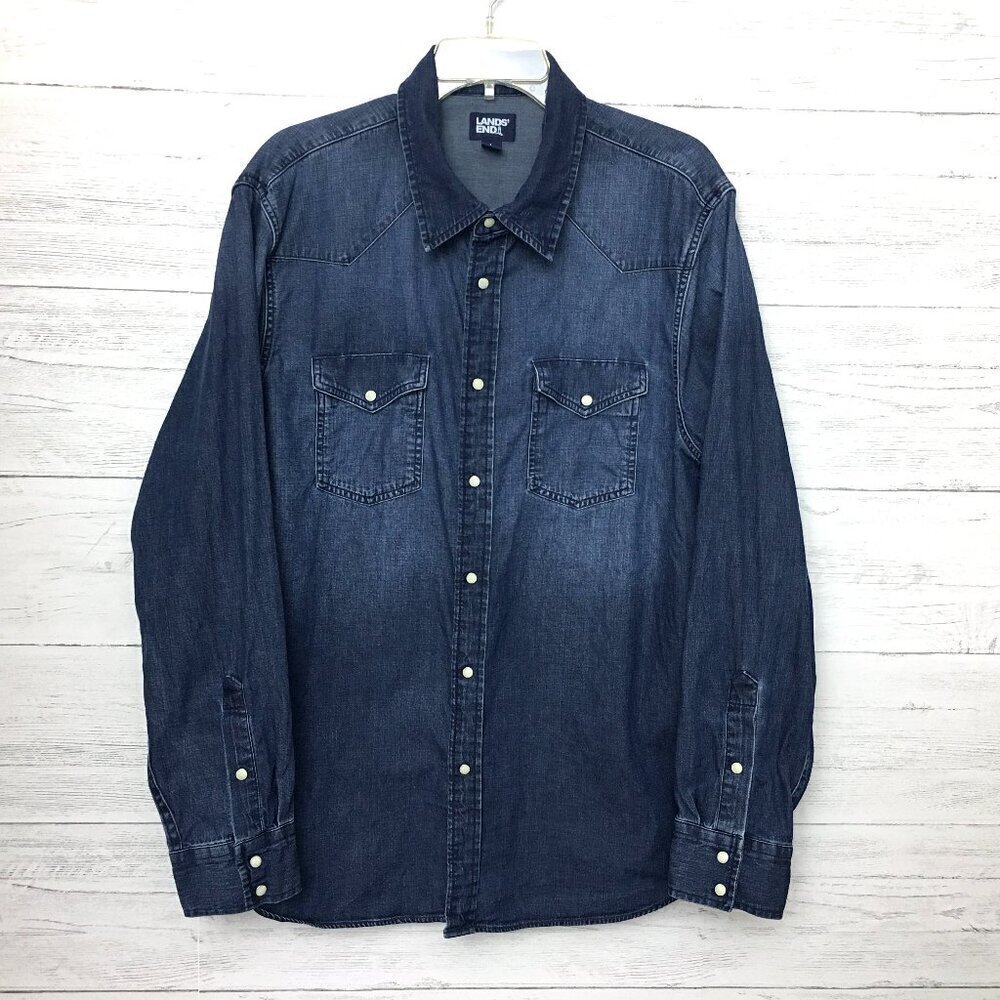 Lands' End Men's Denim Shirt Snap Front Western Style Long Sleeves size Large
